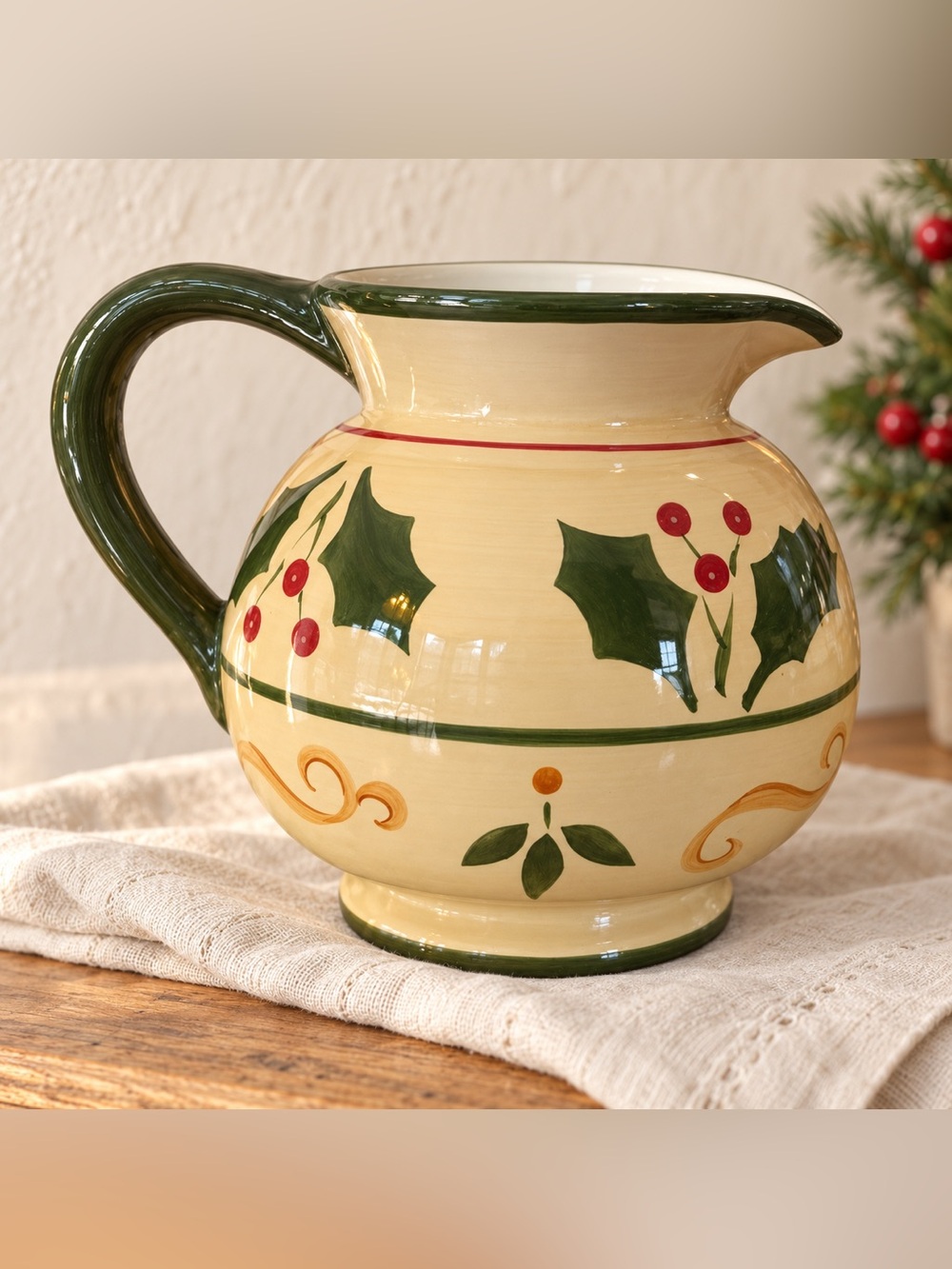 HOME Victorian Holly Christmas Ceramic Pitcher Cream Green Red